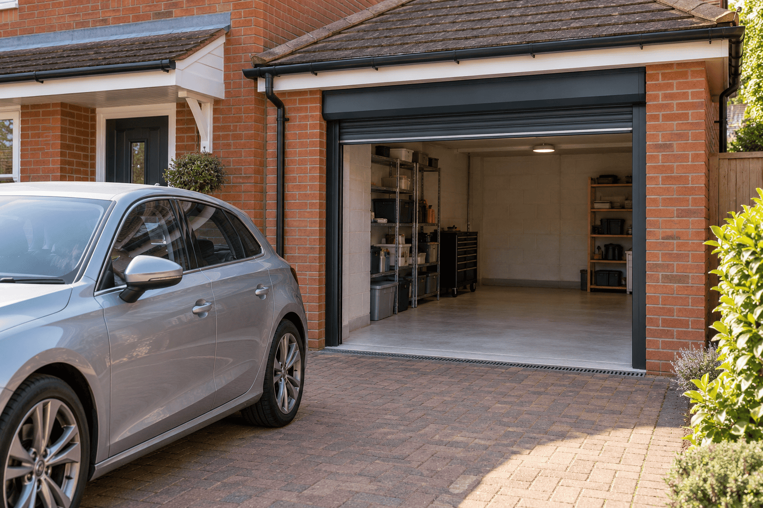 Raised steel roller shutter garage door providing clear access, with a car parked on the driveway.