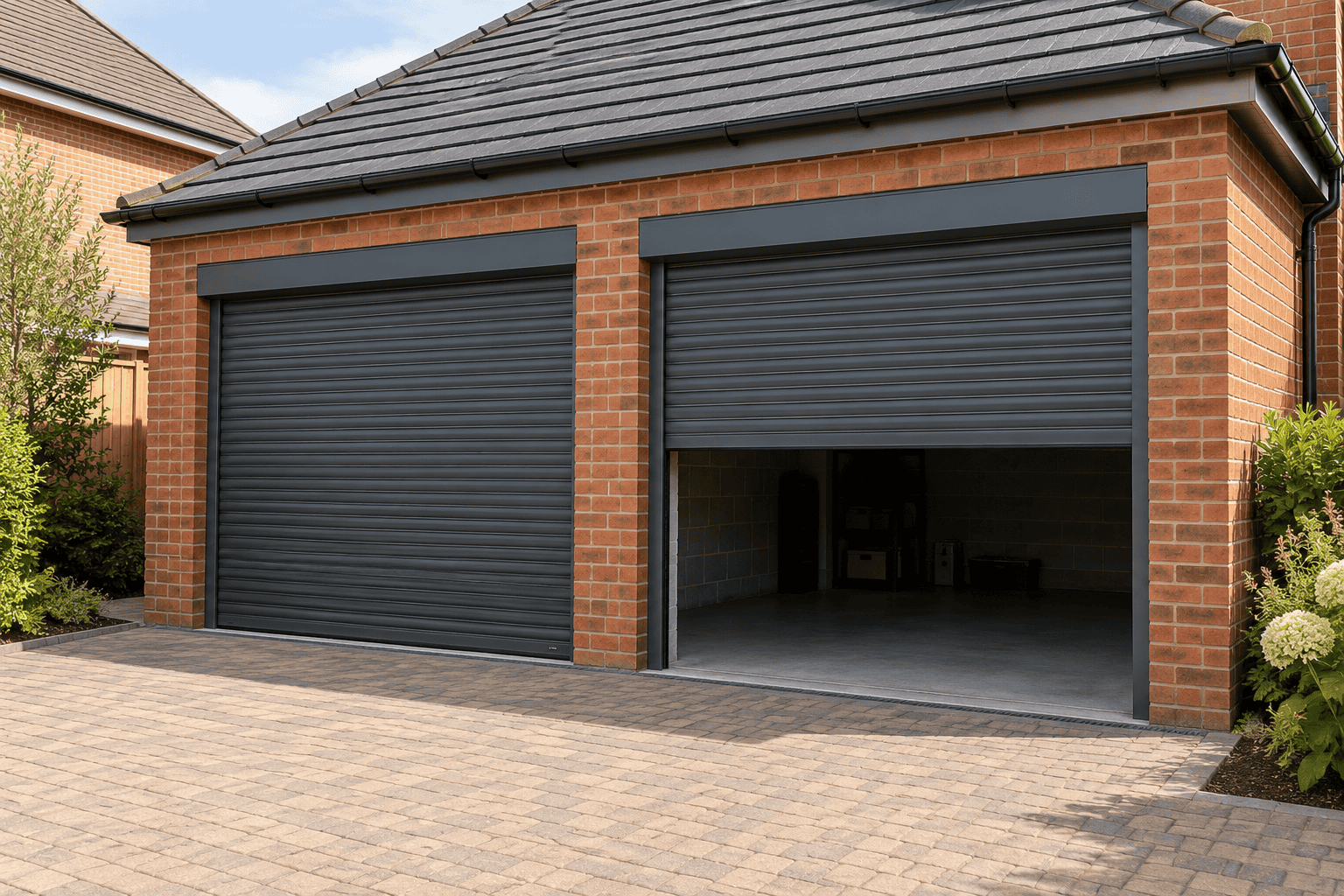 Anthracite grey steel roller shutter garage doors on a domestic brick garage, with one door partially open.